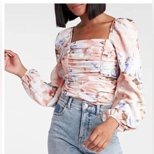 Express Floral Print Ruched Puff Sleeve Square Neck Off Shoulder Top Large